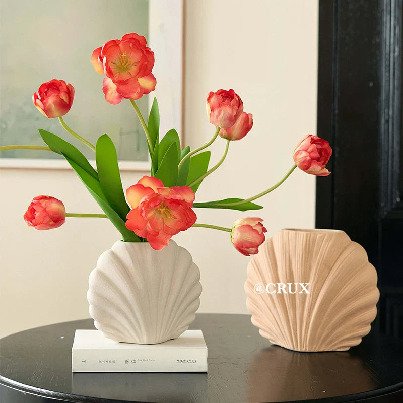 Handmade Ceramic Shell Flower Vase | Coastal Home Accent