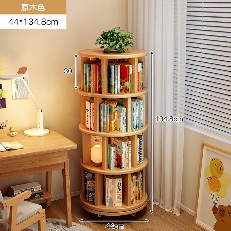 Solid Wood 360° Rotating Bookshelf – Stylish Space Saver for Kids