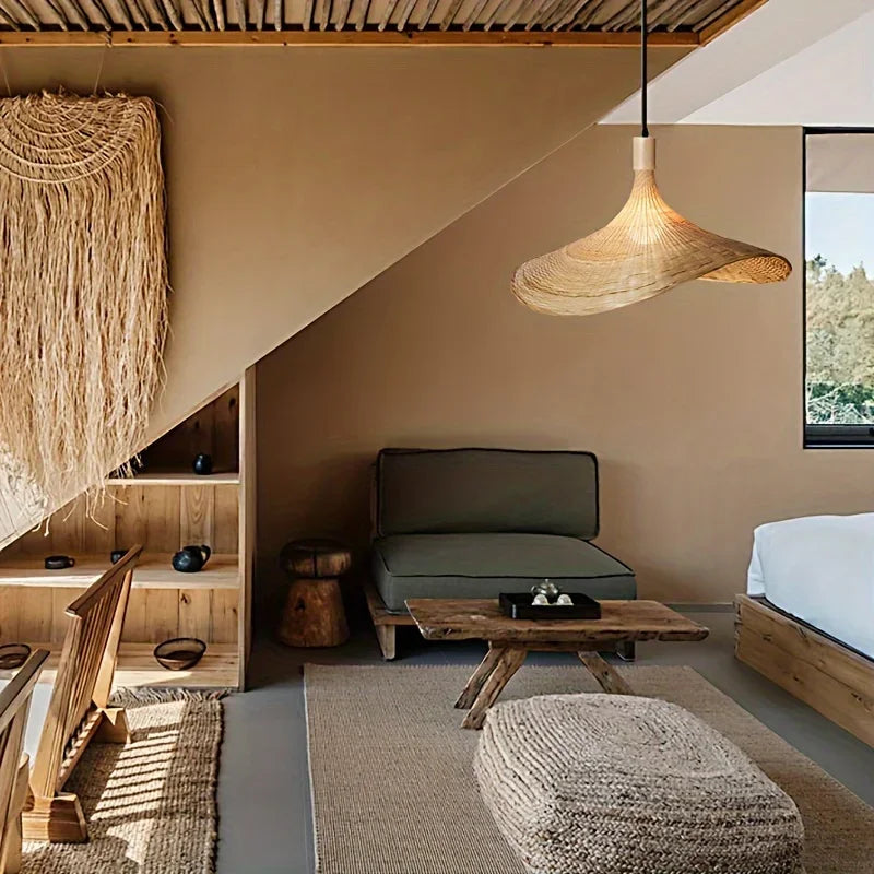 소박한 손으로 짠 대나무 전등갓: 아늑한 가정 장식 조명