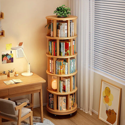 Solid Wood 360° Rotating Bookshelf – Stylish Space Saver for Kids