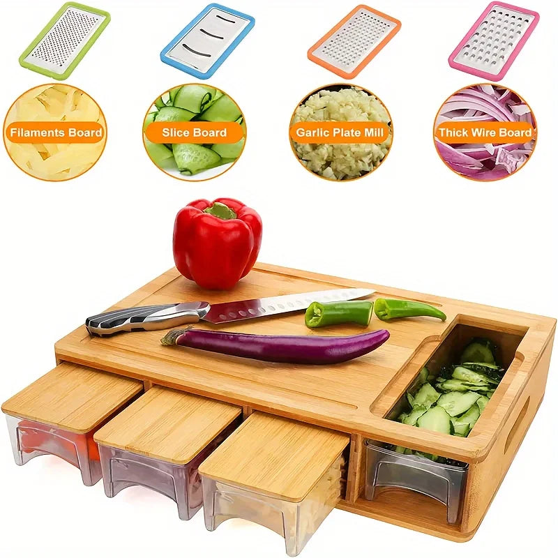 Bamboo Chopping Board Set with Grater & Storage – Eco-Friendly Kitchen Tool for Home Cooks