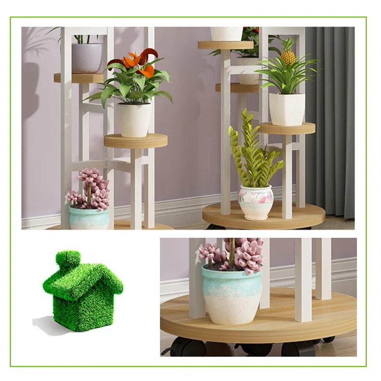 Wood Flower Shelf Rack - Stylish Plant Display on Wheels