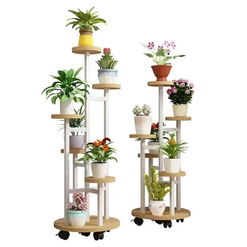 Wood Flower Shelf Rack - Stylish Plant Display on Wheels